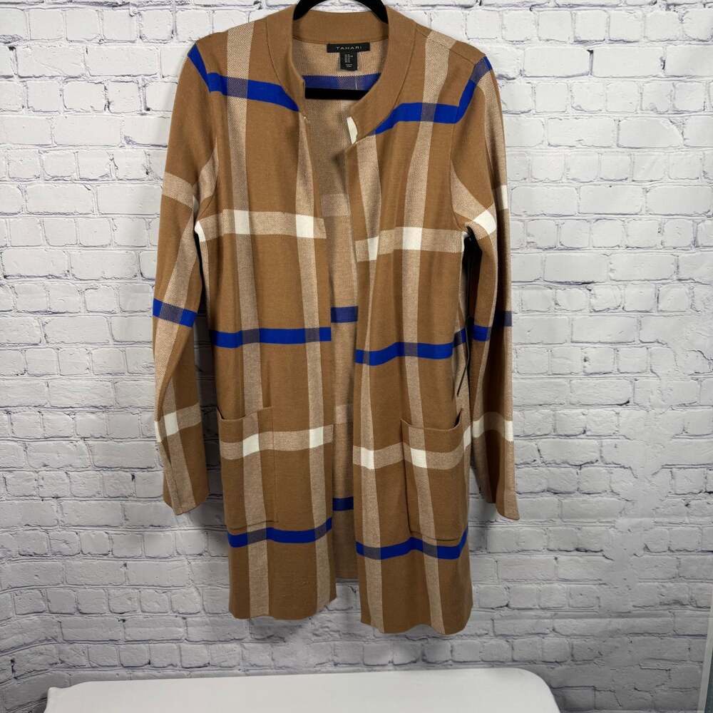 Tahari NWT Long Tan Plaid Cardigan Size XL